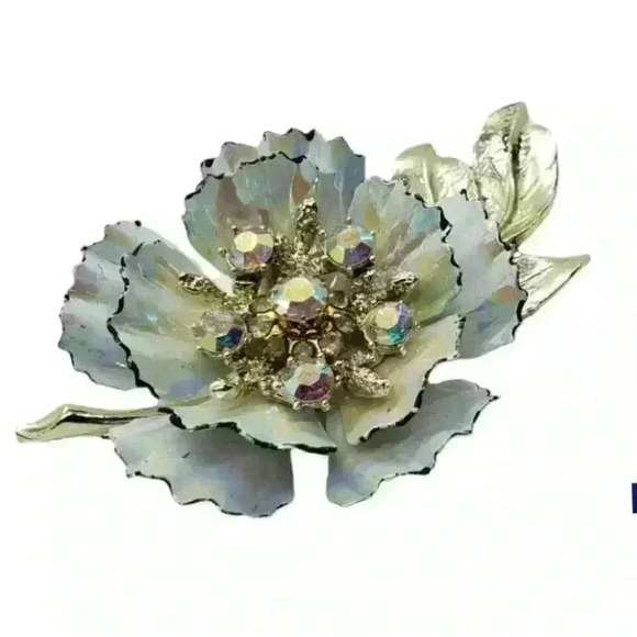Coro Jewelry - Vintage Coro Signed Brooch Flower Ruffle Iridescent Petals & AB Rhinestones RARE